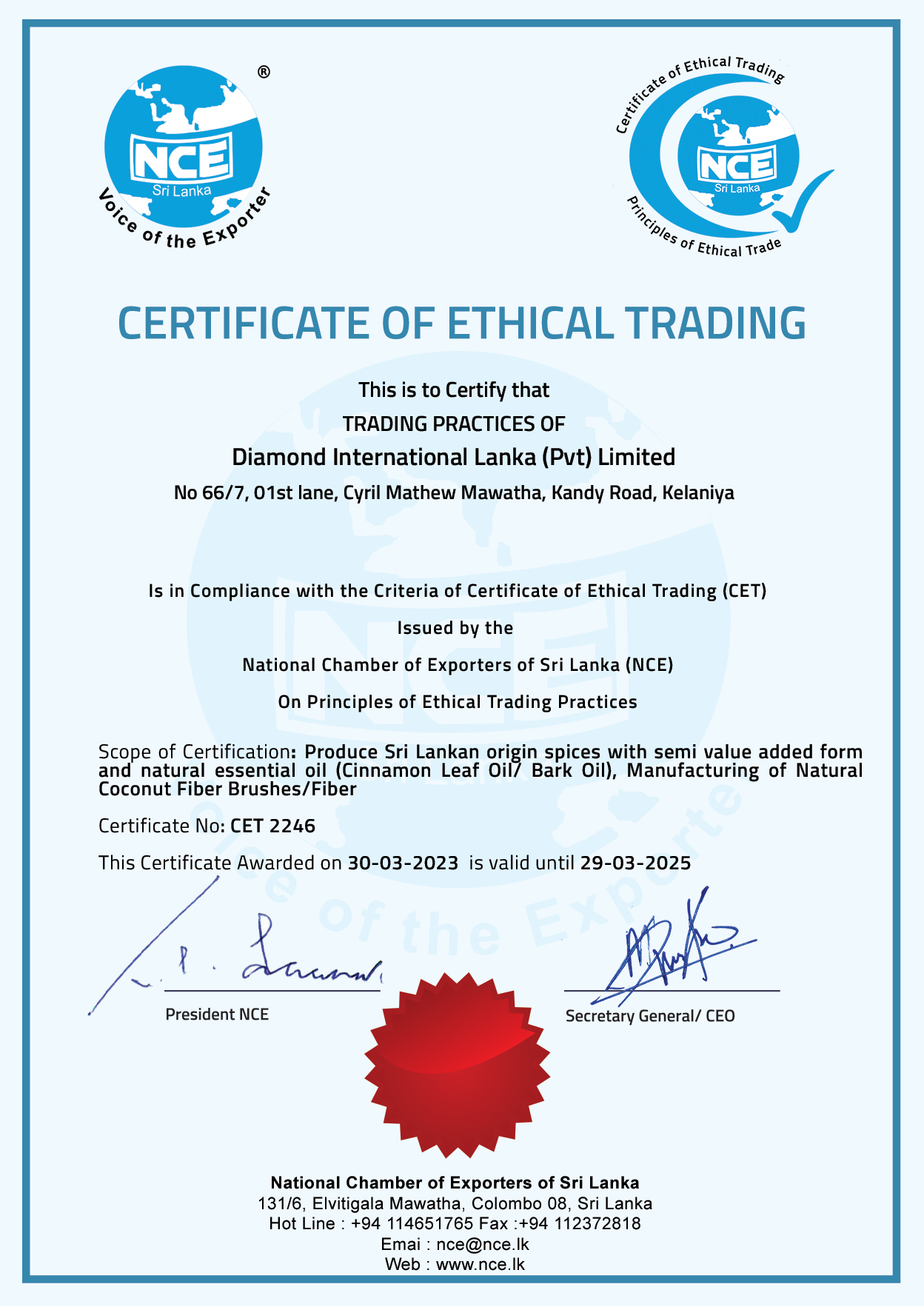 Certificate of Ethical Trading (CET) - National Chamber of Exporters of Sri Lanka